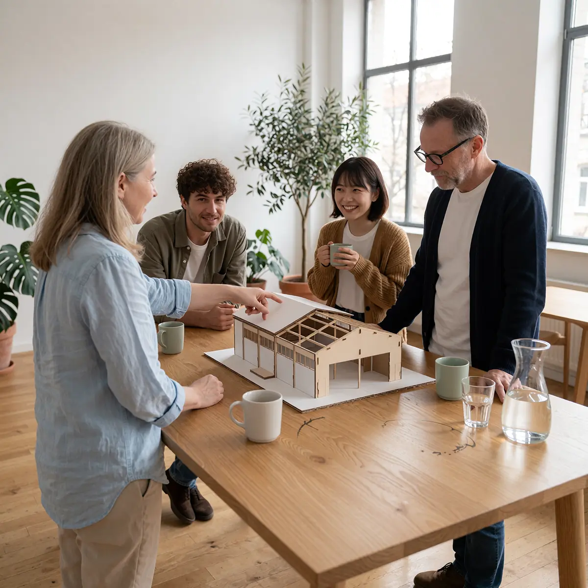 Projektteam im Gespräch an einem Stehtisch mit einem Architekturmodell