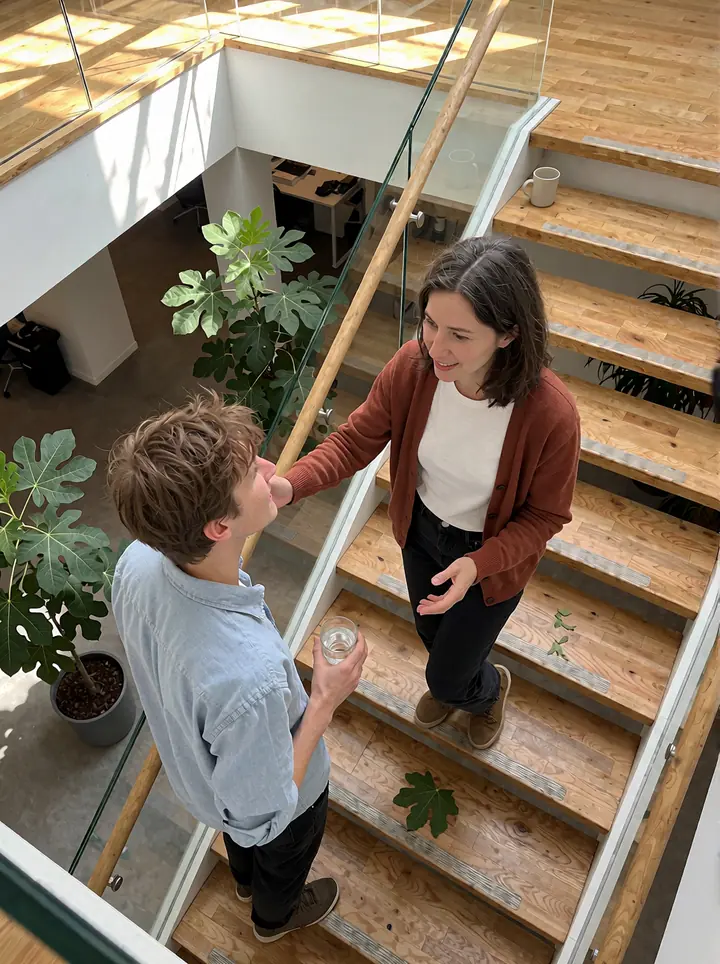 Projektleiterin im kurzen Gespräch mit einem Kollegen auf der Treppe