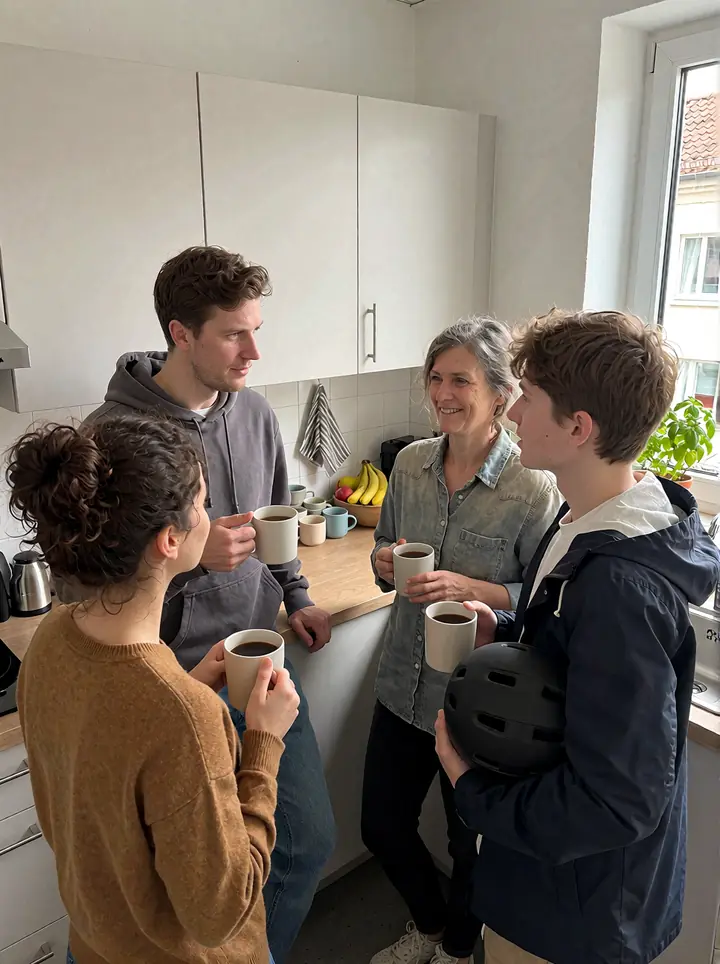 Projektteam bei der Morgenrunde in der Kaffeeecke
