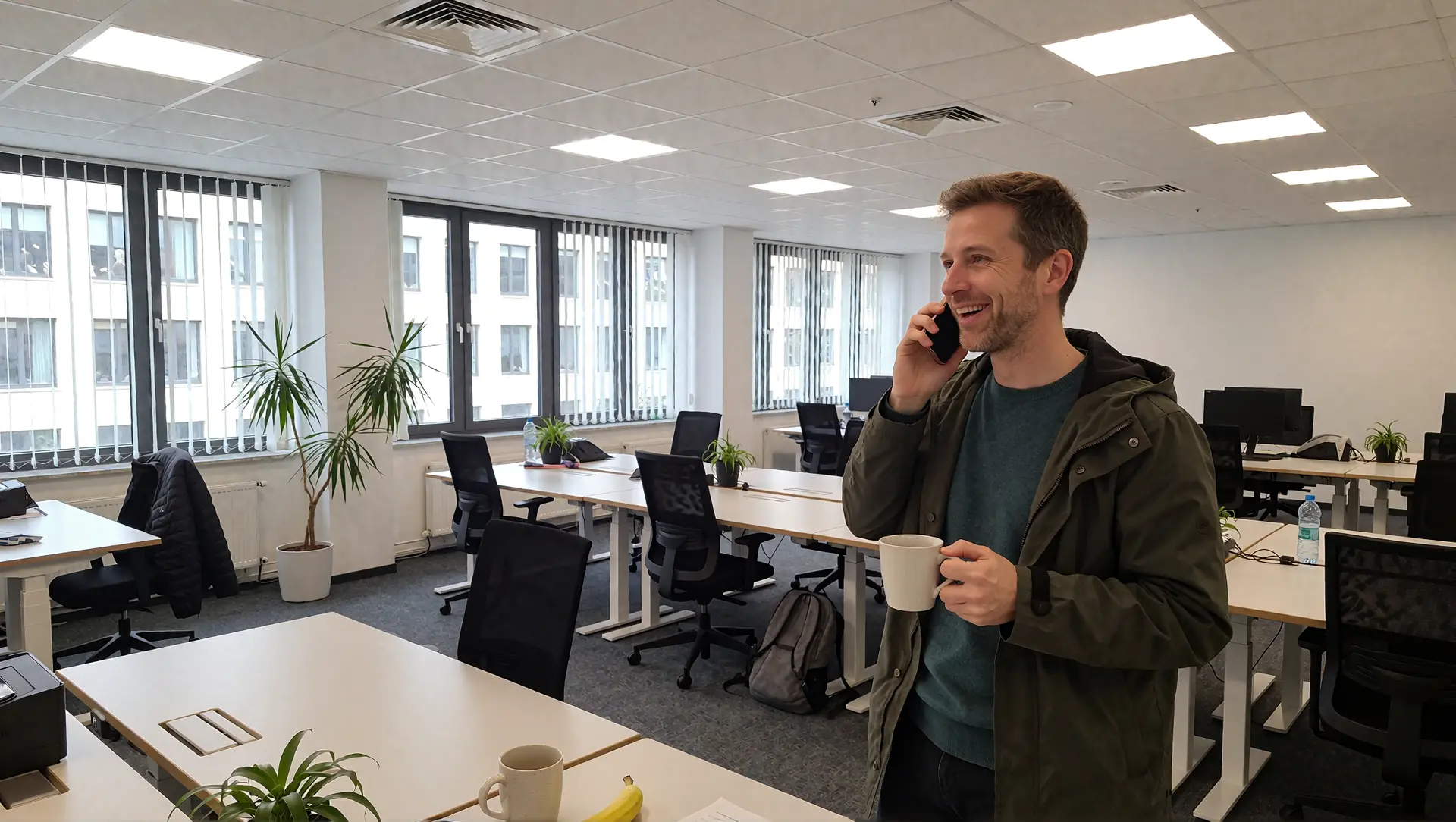 Montagmorgen im Großraumbüro: Ein Projektleiter telefoniert mit der Kaffeetasse in der Hand
